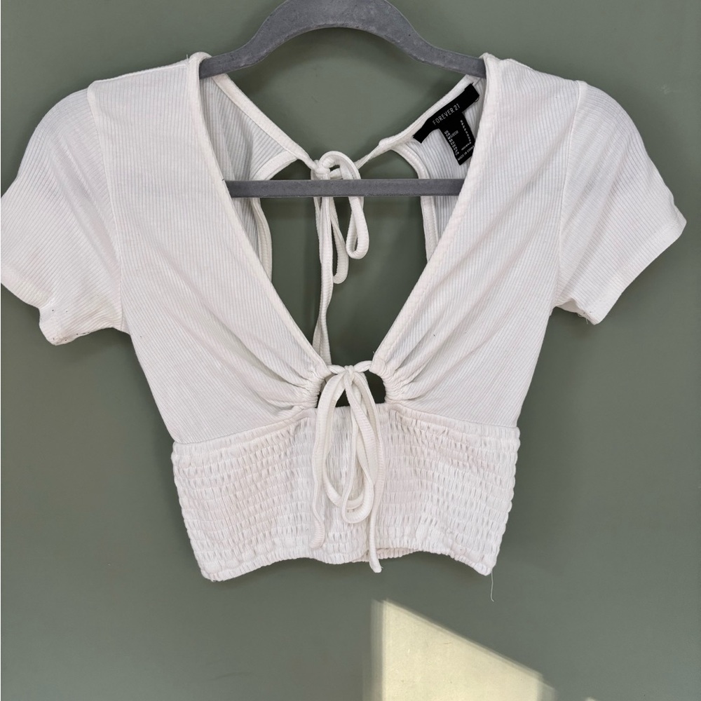 Forever 21 White Ribbed Tie-Front Crop Top